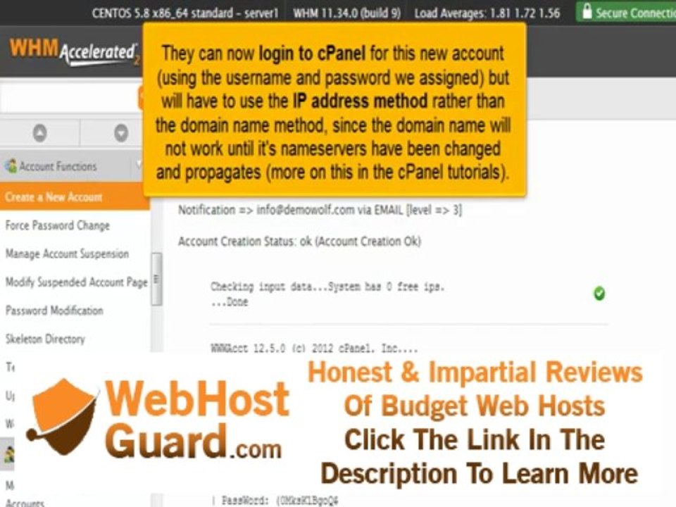 Create a new hosting account in WHM
