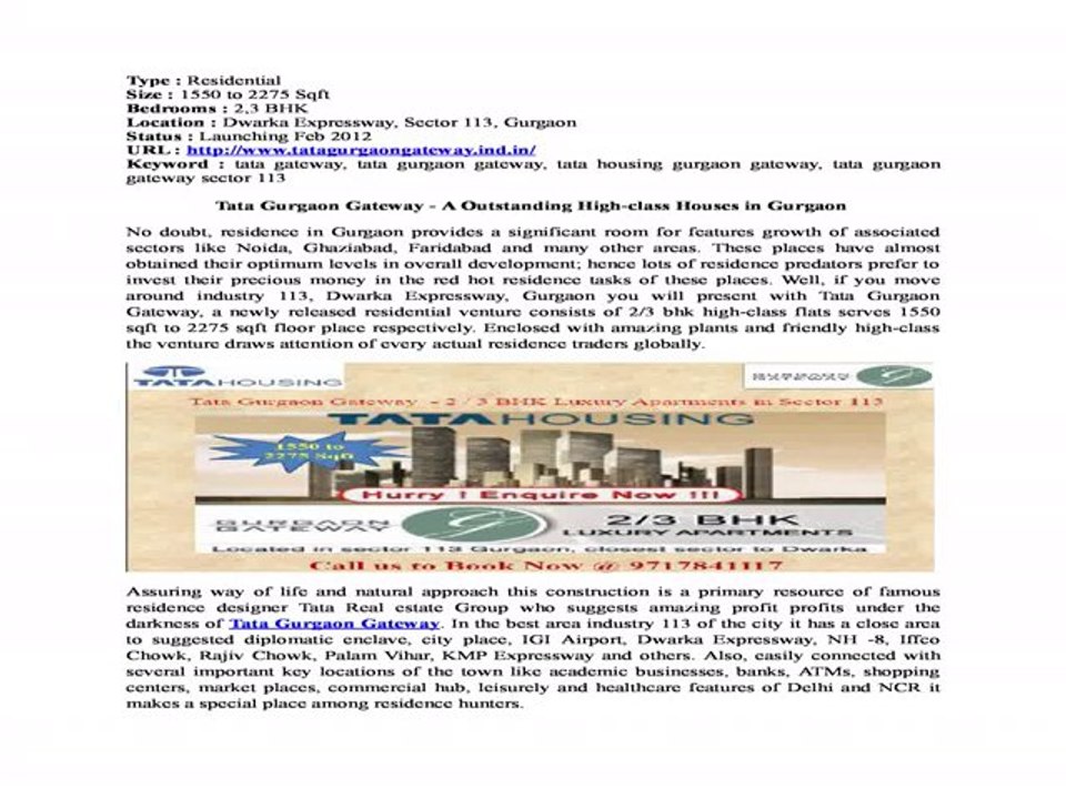 Tata New Project Gurgaon Gateway | Luxury Apartments