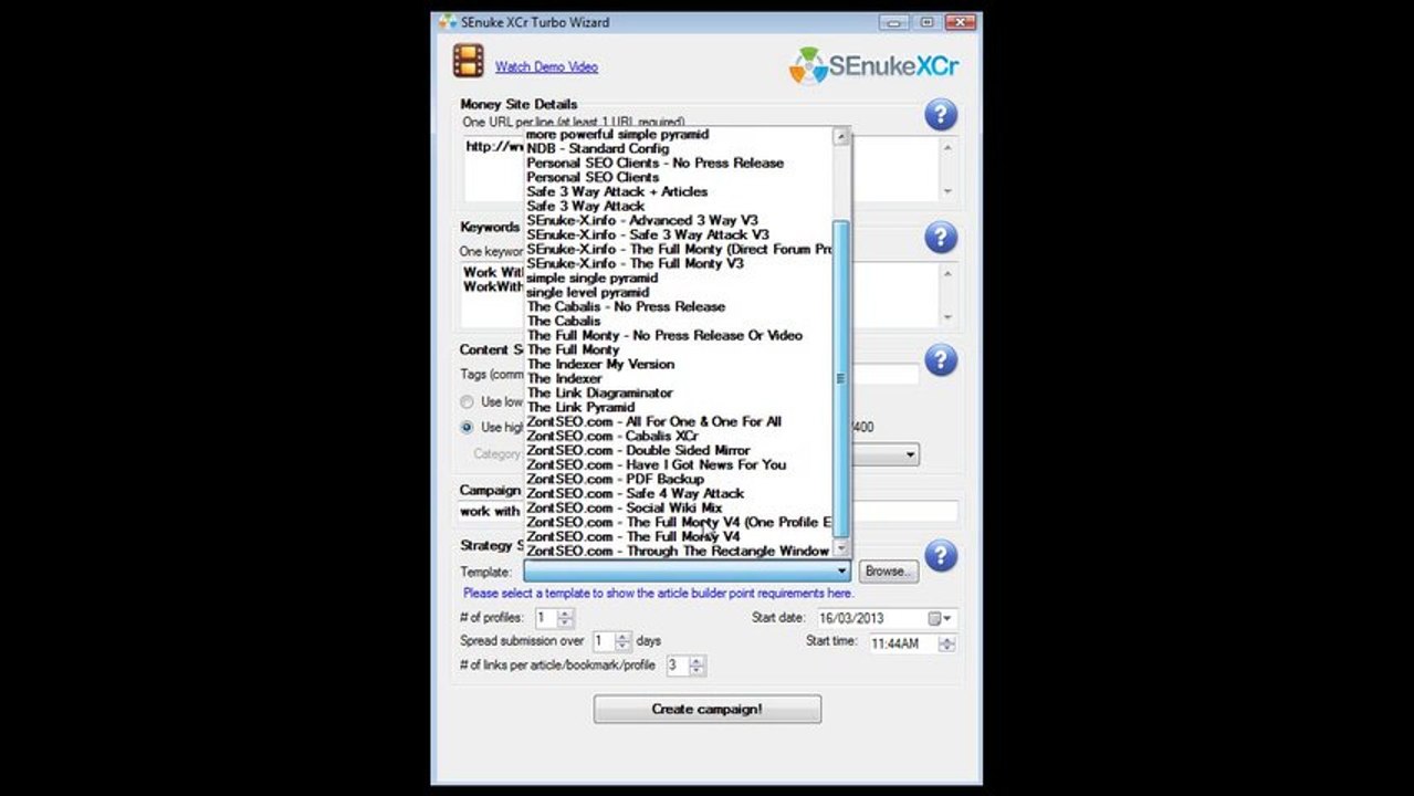 Senuke XCr Turbo Wizard - Demo Quick Campaign Setup