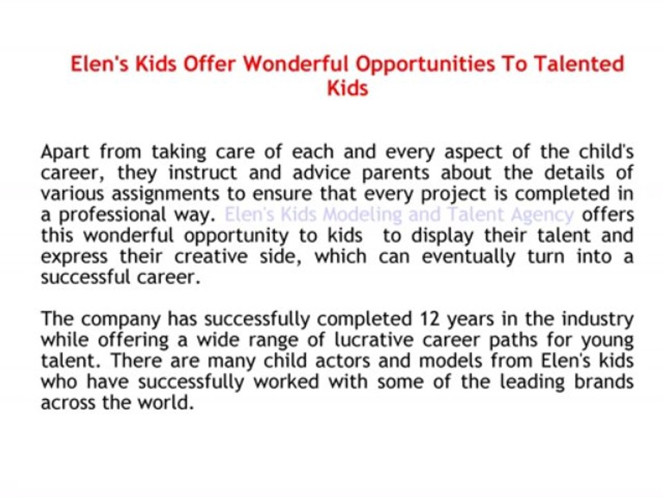Elen's Kids Modeling and Talent Agency Represents Young Talent
