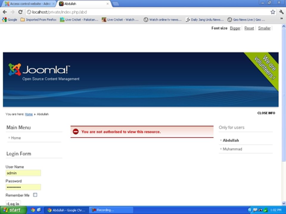 User acces control in joomla cms