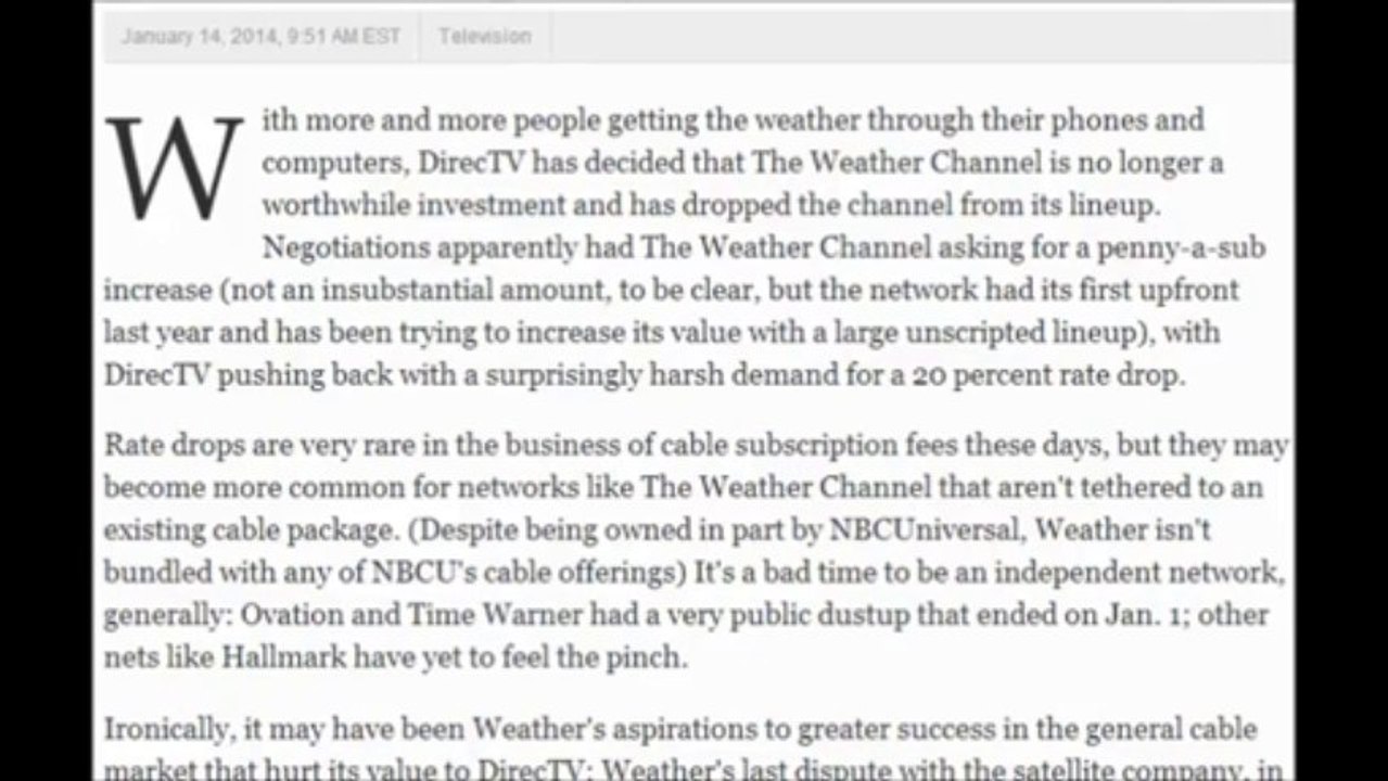 ALERT NEWS DirecTV Demands 20 Percent Rate Cut, Then Drops The Weather Channel! (Closed Caption)