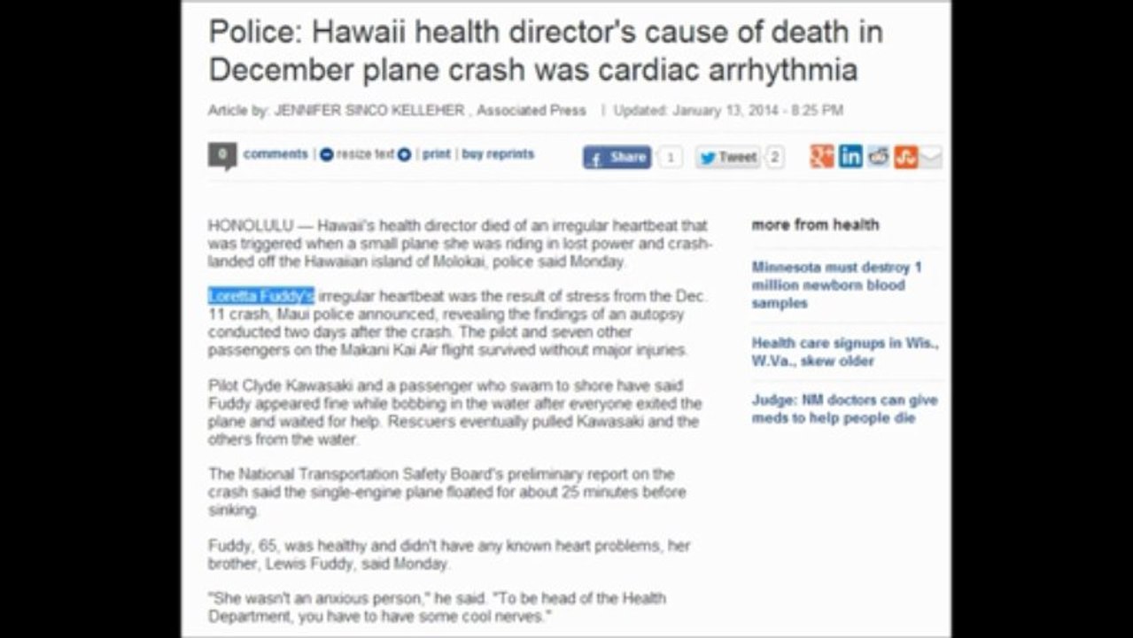 ALERT NEWS Loretta Fuddy who released Obama's Hawaii birth certificate died after plane crash from stress