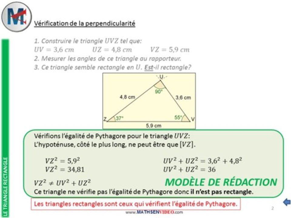 4ème - LE TRIANGLE RECTANGLE - Vérifier qu'un triangle est rectangle par Pythagore (cas négatif)