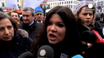 Eurovision winner joins Ukraine protesters in Brussels