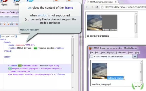 iframe element: src vs. srcdoc attributes HTML5, visit w3-video.com