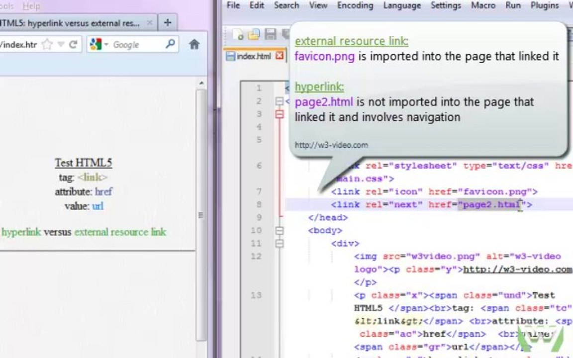 hyperlink versus external resource link, HTML5 link element, visit w3-video.com