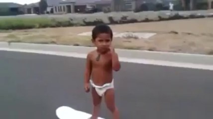 Two-year-old skateboarder in diaper shows his skills!