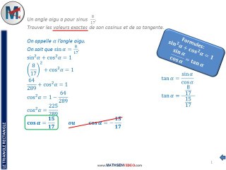Exercice: Trouver le cosinus et la tangente avec le sinus