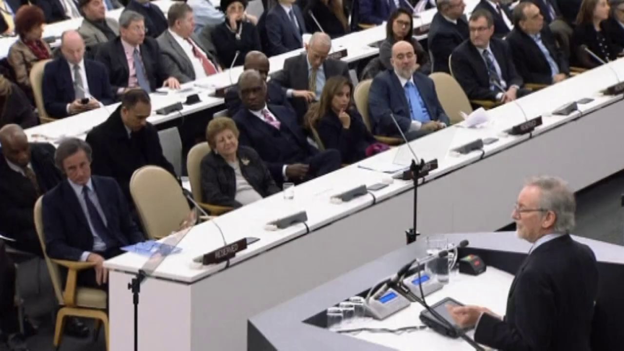 Director Steven Spielberg talks at UN Holocaust...