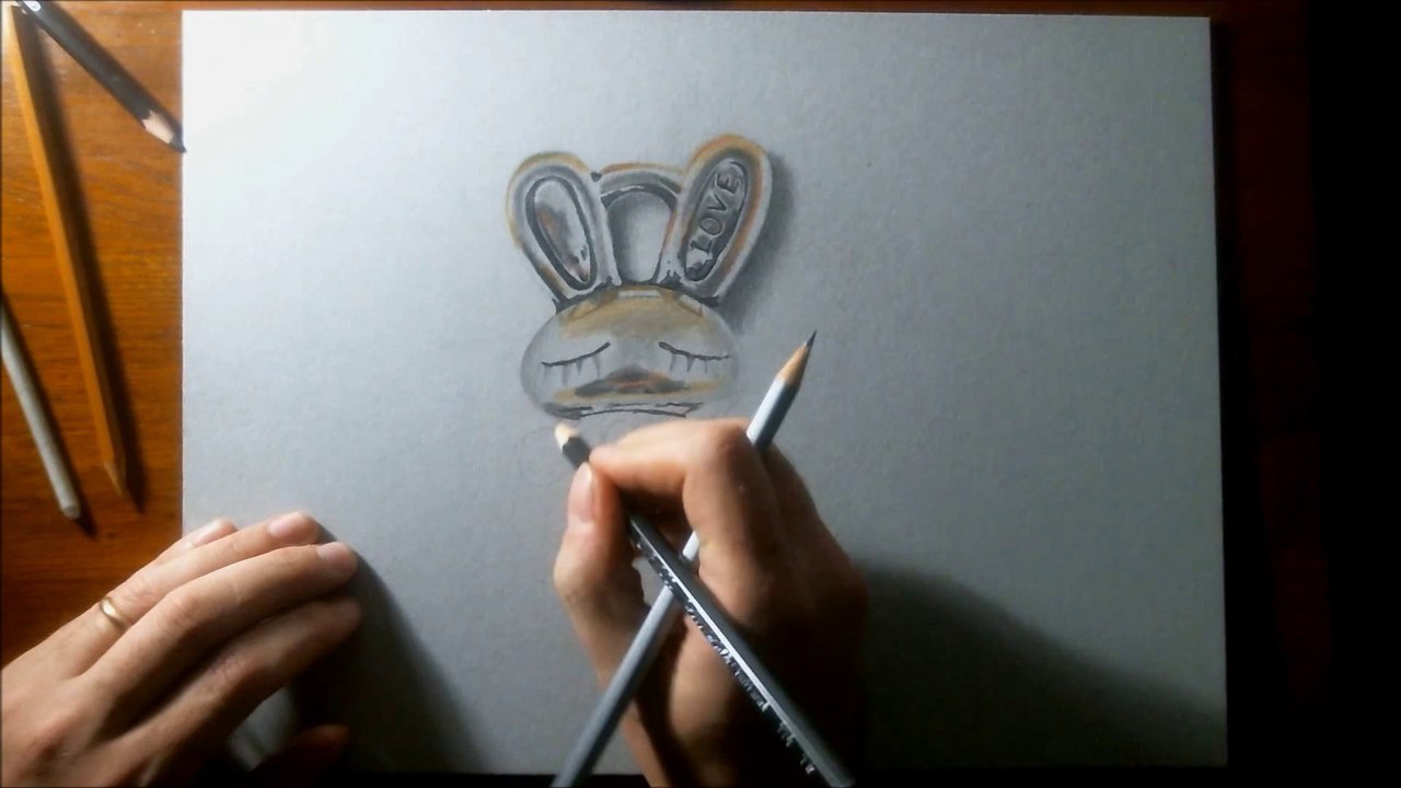 3D illusion drawing LOVE BUNNY Silver Pendant