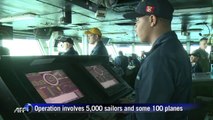 French and American aircraft carriers work together at sea
