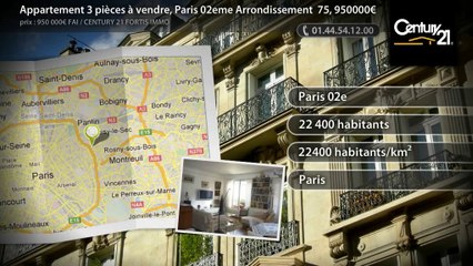 Appartement 3 pièces à vendre, Paris 02eme Arrondissement  75, 950000€
