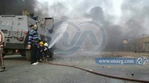 قوات الحماية المدنية تطفئ نيران إطارات السيارت التي حرقها الإخوان بجسر السويس