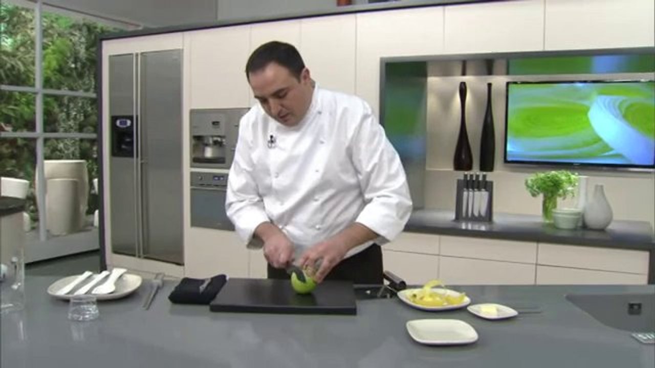 Crema de porros amb coco, llagostins i poma