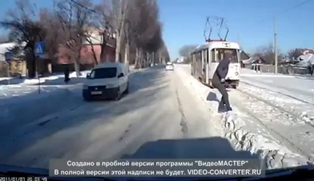 So lucky guy crossing the street... almost smashed by tramway!