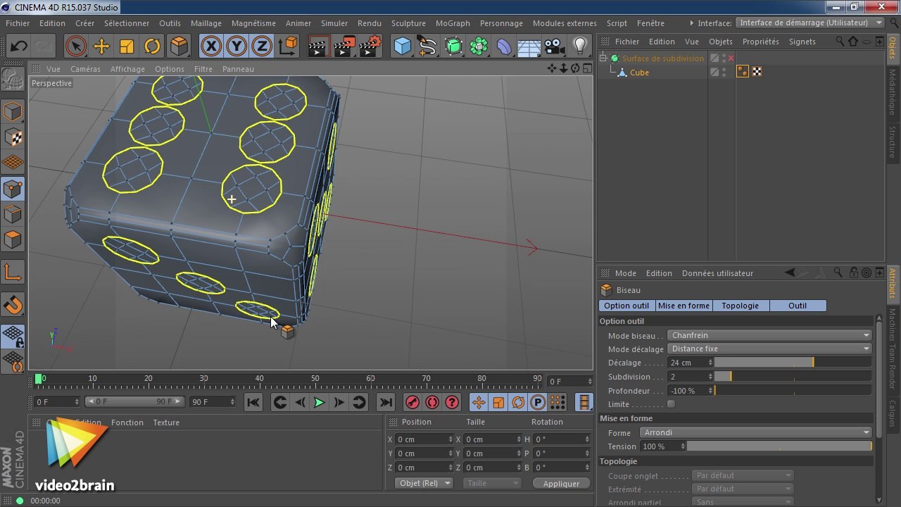 Tutoriel CINEMA 4D R15 : Mettre en pratique l'outil de biseau | video2brain.com