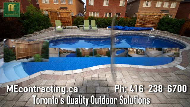 Flagstone pool deck with pergola, driveway and deck