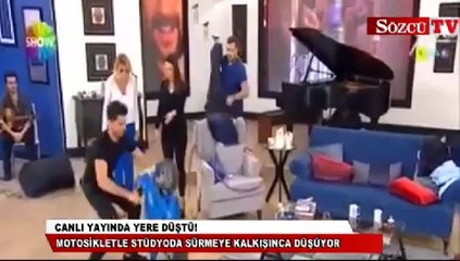 Gülben Ergen'in canlı yayında motosikletten düşmesi