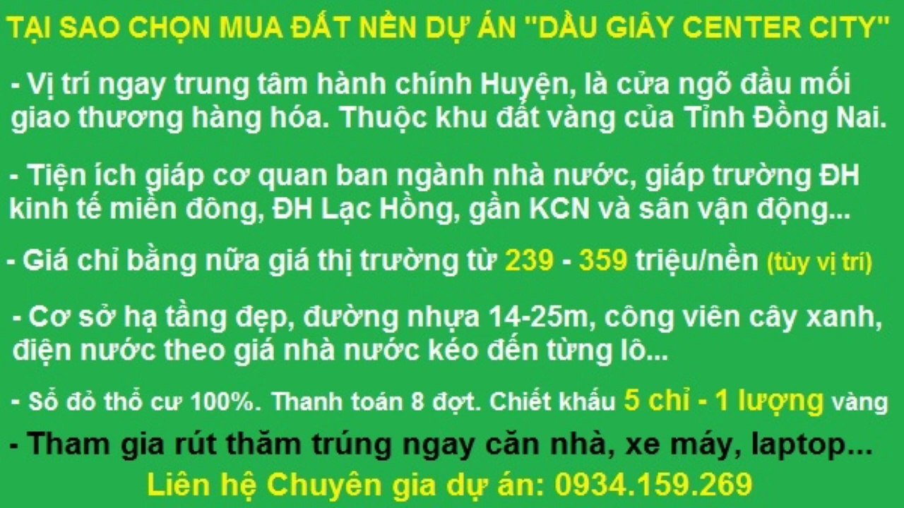 KHU ĐÔ THỊ DAU GIAY CENTER CITY 230TR/NỀN. LH 0934159269