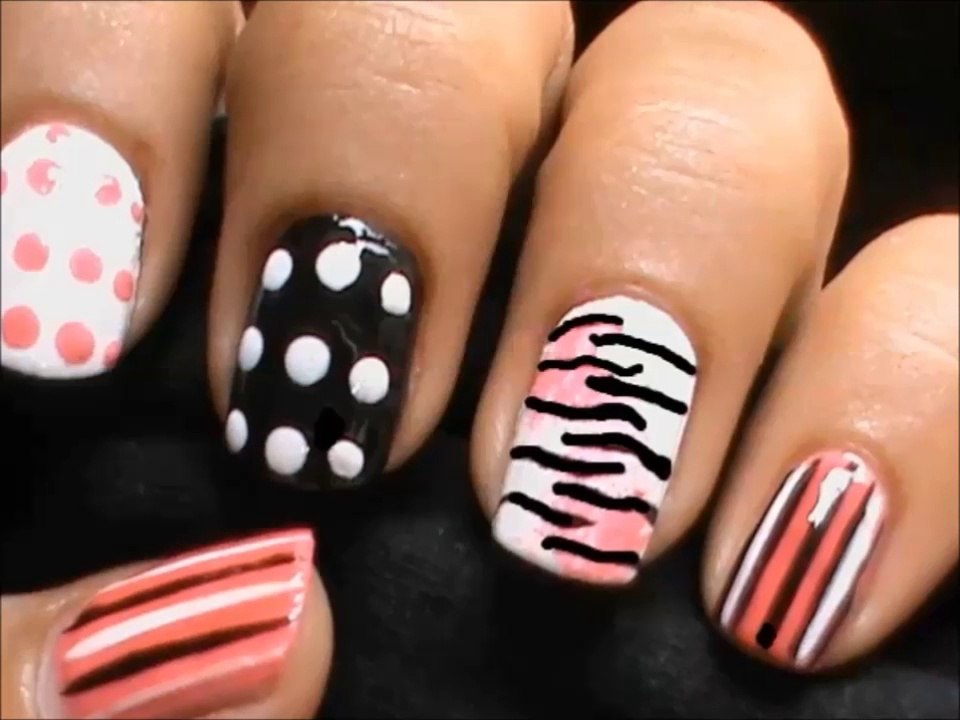 Zebra Nails with Polka Dots - Short Nails Nail Art Designs How To and Art Design Nail Art Beginners