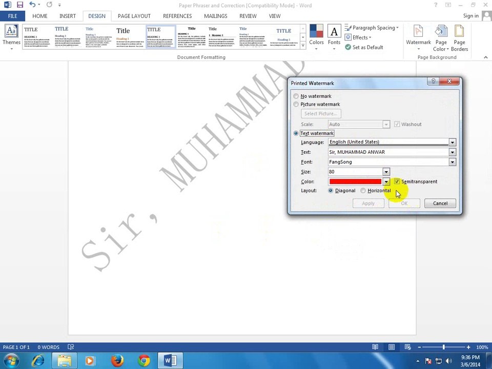 Add Water Mark in Office 2013 Urdu and Hindi