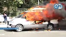 طلاب الإخوان يشعلون النيران فى سيارة بث لقناة 