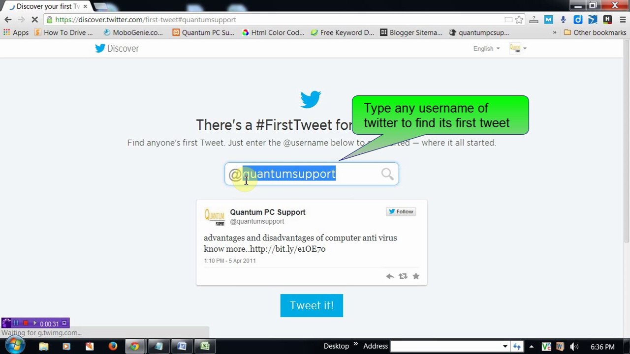 Twitter: See the first twit by user