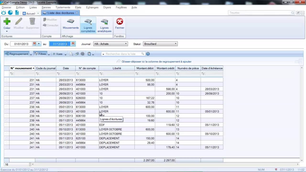 CIEL comptabilité :  liste des écritures