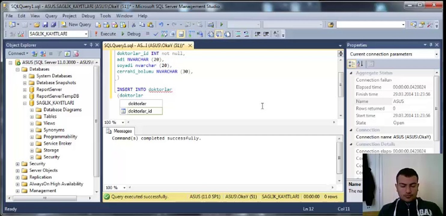 sql server management studio veri tabanı tablo oluşturma veri girme