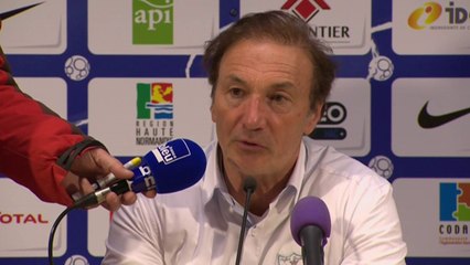 Conférence de presse Havre AC - CA Bastia (1-0) : Erick MOMBAERTS (HAC) - Stéphane ROSSI (CAB) - 2013/2014