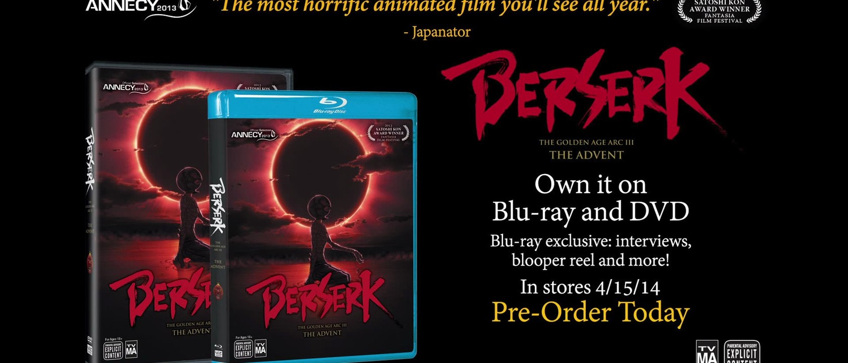 BERSERK THE GOLDEN AGE ARC III The Advent, 30 sec Official Trailer- In Stores 4 15 14