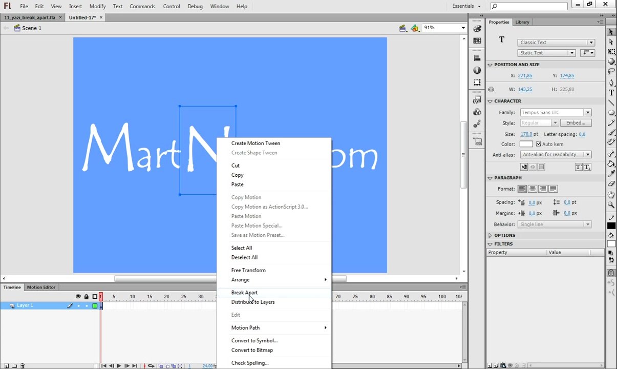 Yazı Animasyonları Ekleme (Flash Professional)