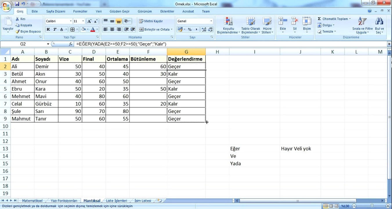 Mantıksal Fonksiyonlar (Excel)