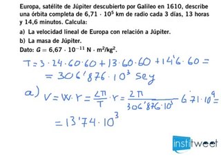 Problema, calcula velocidad lineal y masa de Júpiter