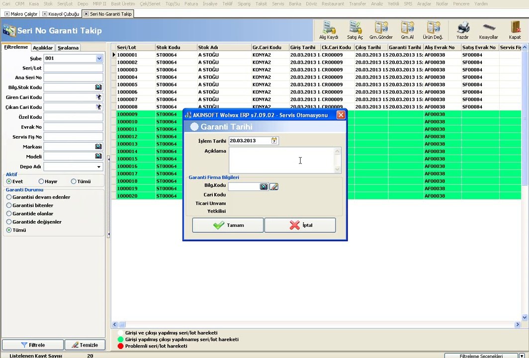 WOLVOX ERP Seri-Lot Garanti Takip