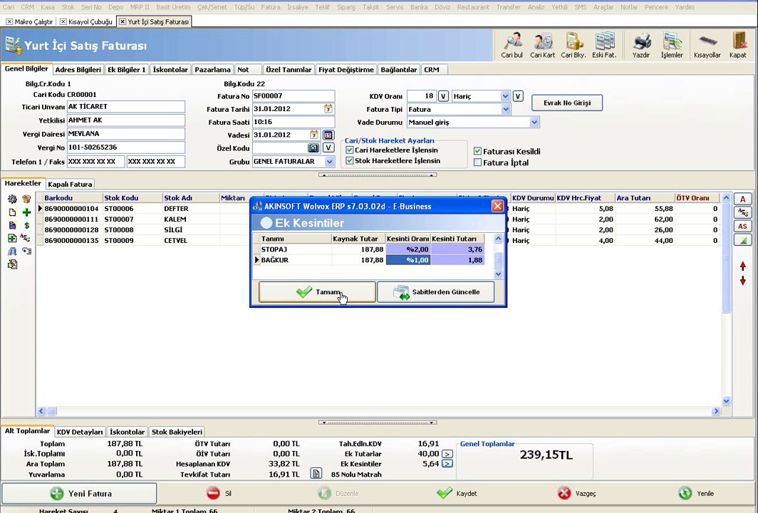 WOLVOX ERP Fatura Alt Toplamlar