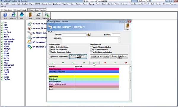 WOLVOX ERP Sipariş Durum Tanımları