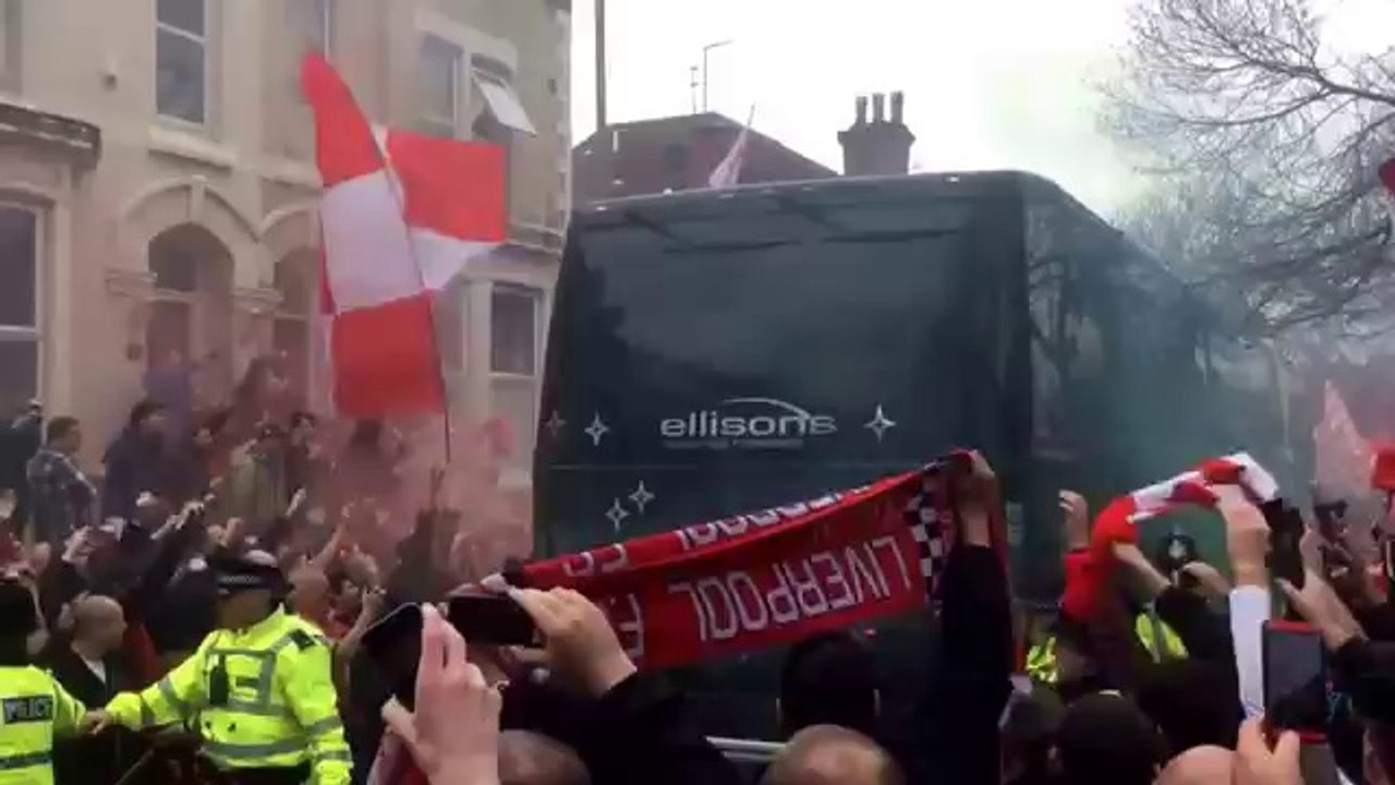 Liverpool FC fans welcome the team coach to Anfield ahead of Manchester City's visit