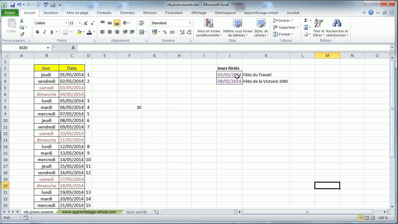 Excel | Fonction nb.jours.ouvres