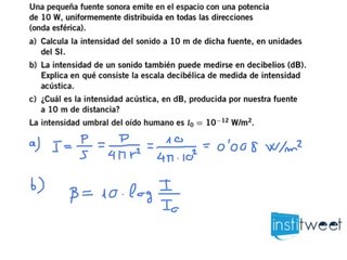 Calcula la intensidad de sonido a diez metros de una fuente