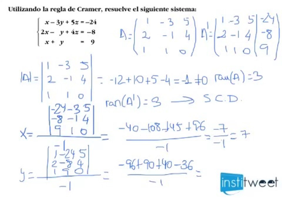 Sistema de 3 ecuaciones y 3 incognitas, resolver por Cramer - Vídeo  Dailymotion