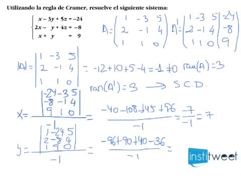 Sistema de 3 ecuaciones y 3 incognitas, resolver por Cramer