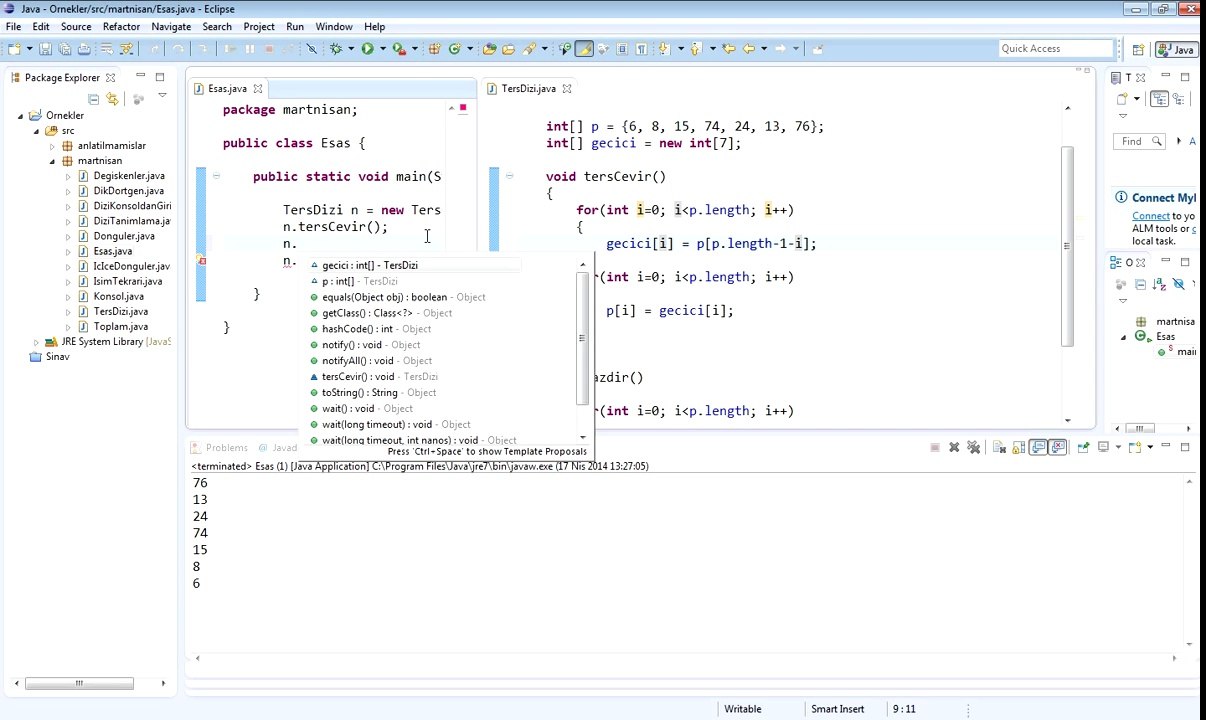 Dizi Elemanlarını Ters Çevirebilen Metoda Sahip Sınıf Tasarlama (Java Programlama Dili)