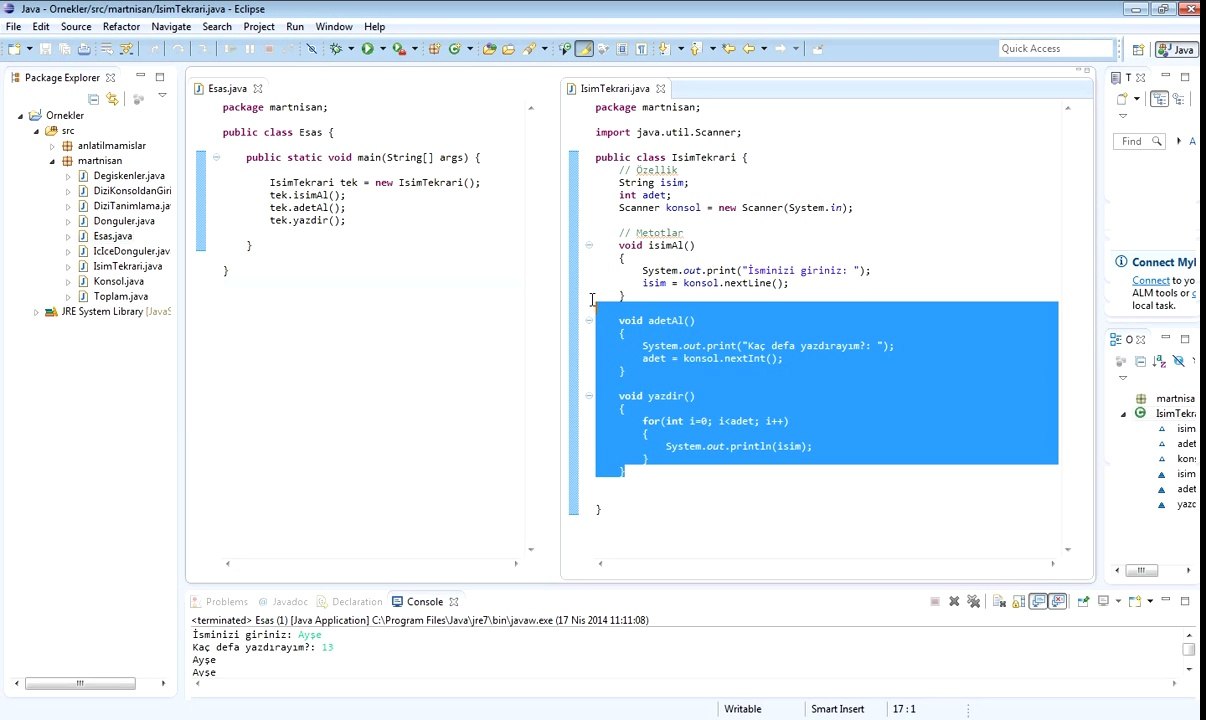 Tekrarlı İsim Yazdırma Sınıfı Örneği (Java Programlama Dili)