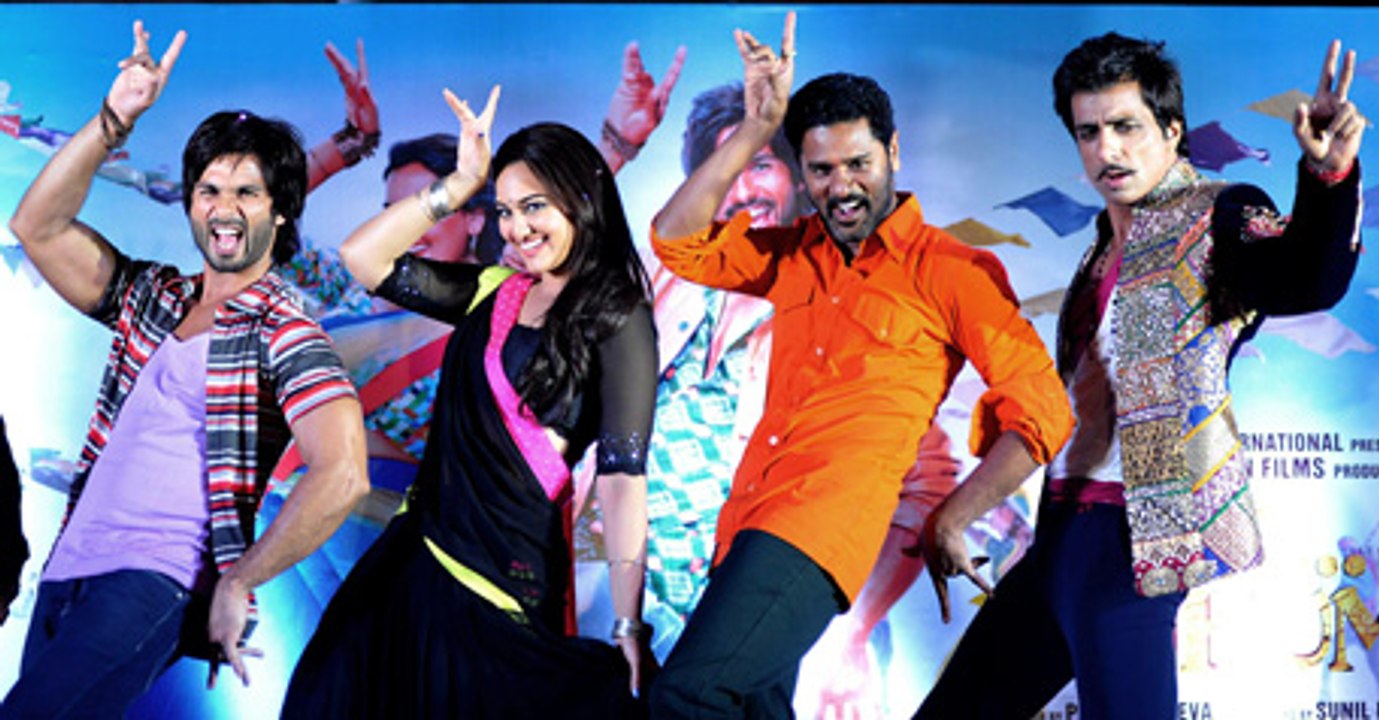 Shahid Kapoor Sonakshi SinhaPrabhu Deva & Sonu Sood pose during promotion & music launch of Movie R…Rajkumar