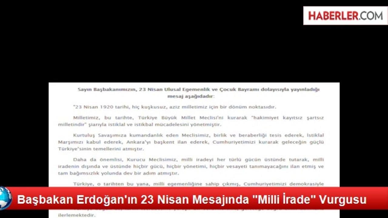 Başbakan Erdoğan'ın 23 Nisan Mesajında "Milli İrade" Vurgusu