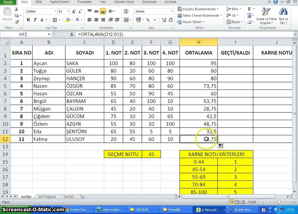 008 - Microsoft Excel 2010 - Sınıf Başarısı - 1