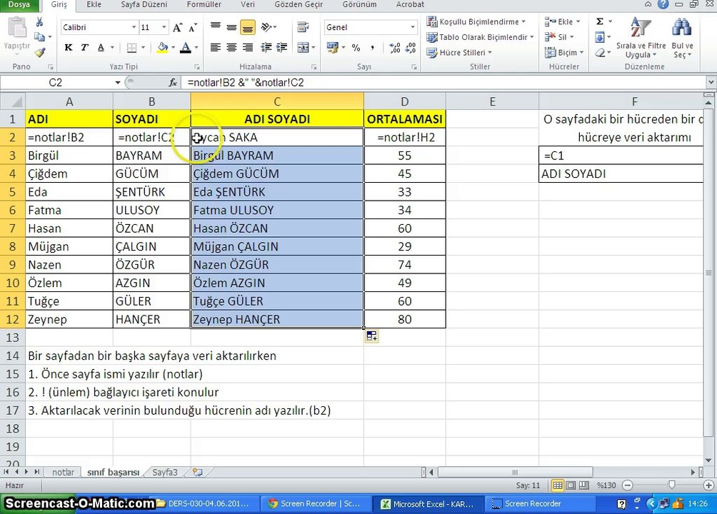 012 - Microsoft Excel 2010 - Sınıf Başarısı Veri Aktarımı