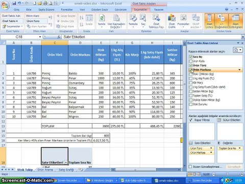 015-3 - Microsoft Excel 2010 - Stok Takip Özet Grafik, Özet Tablo